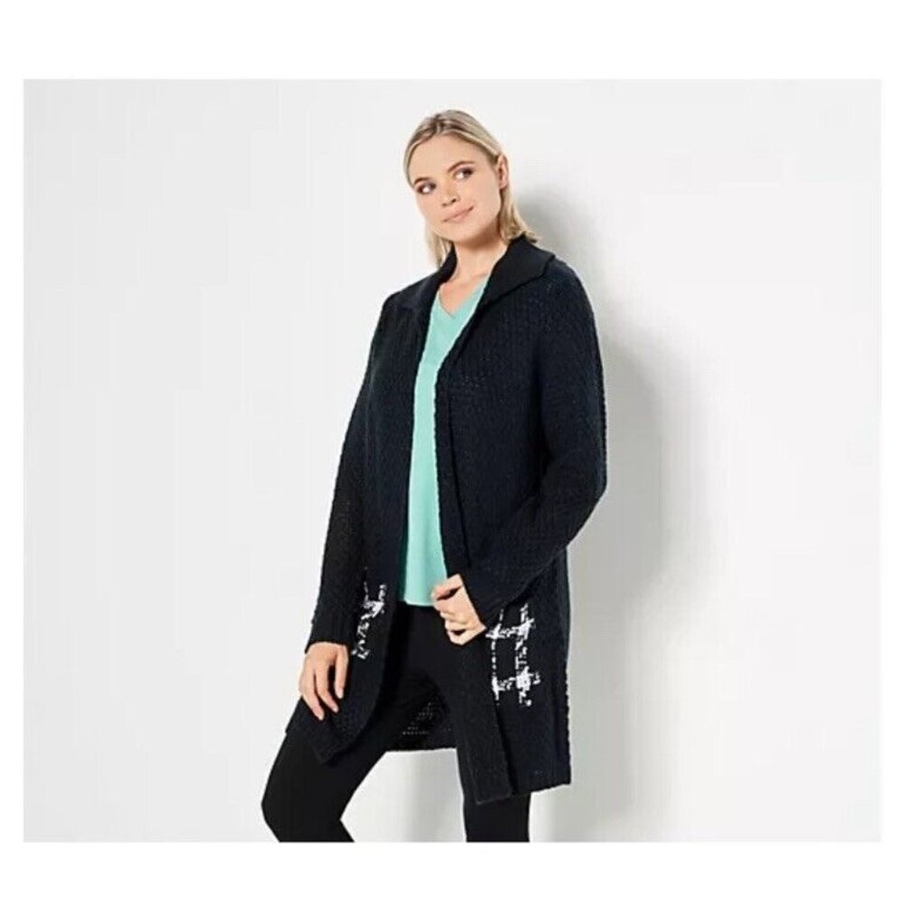Truth Style Knit Cardigan w/ Woven Patch Pockets Size XS Black A461106